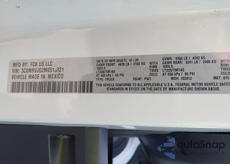 2021 Ram Promaster 3500 Cargo Van High Roof 159 Wb Ext z USA, uszkodzony, nr VIN 3C6MRVJG2ME513321